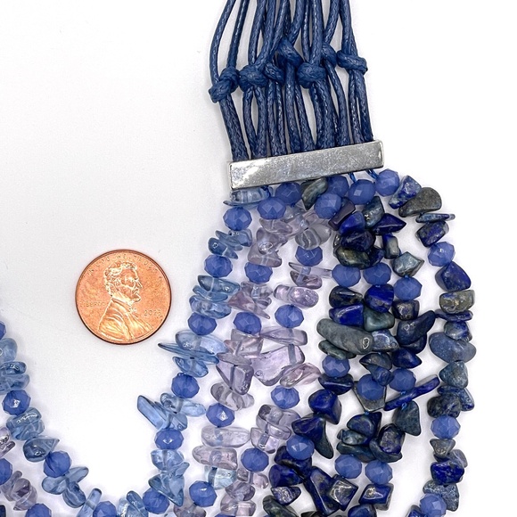 Kenneth Cole NWT Blue Gemstone Chip Leather Multi Strand Bib Necklace - Picture 12 of 14